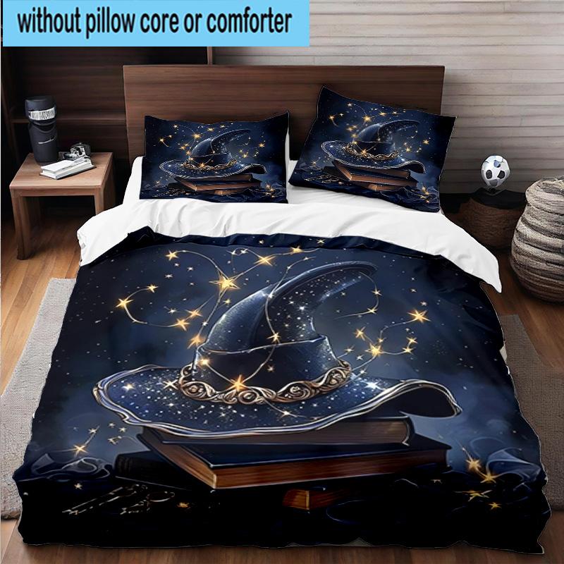 Witch's Hat And Crescent Moon 3pcs Bedding,Including 1pc Duvet Cover And 2pcs Pillowcases Perfect for Christmas,Ideal for Bedroom, Dormitory