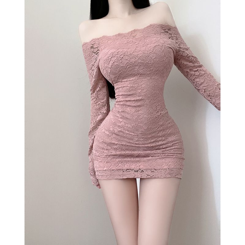 

European and American Style Sexy Lace off-Shoulder Collar Seaside Tight Skirt Pink M