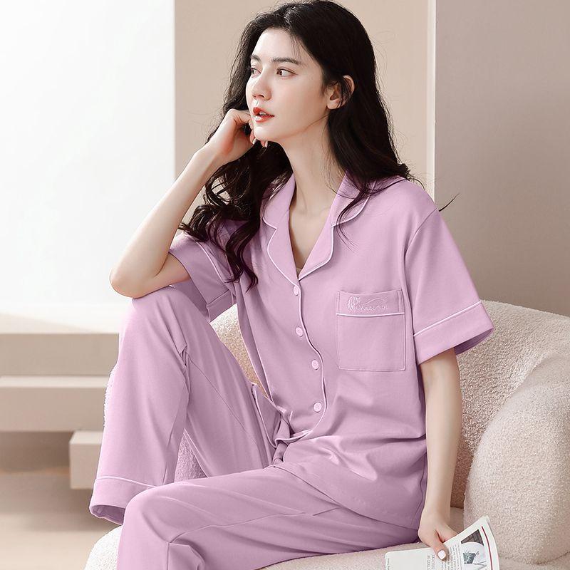 New pajamas women's summer short-sleeved trousers 100% pure cotton thin women's casual lapel mother loungewear set summer