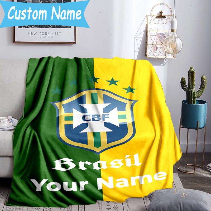 Custom Name Brazilian Football Federation Emblem Flannel Blanket, Use for Birthday/Holiday Gift, Soft Blanket for Sofa/Bed/Camping/Office, Home Decor