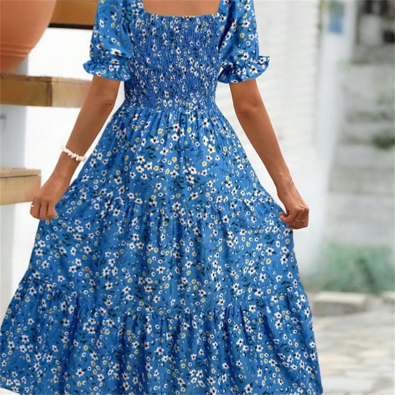 Women's Square Collar Waist Printed Dress S-XXXL