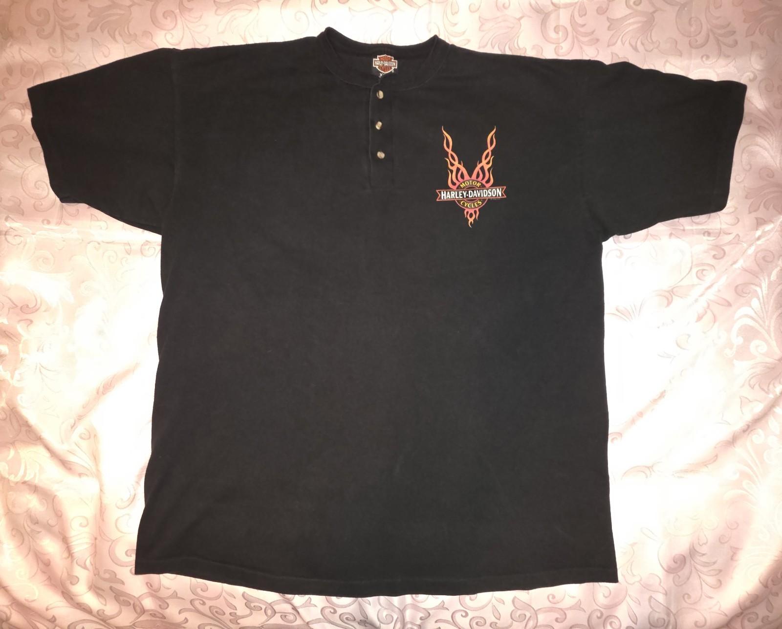 VTG 90s Harley Davidson Henley Black Short Sleeve Flames California Motorcycle Unisex T-Shirt XL