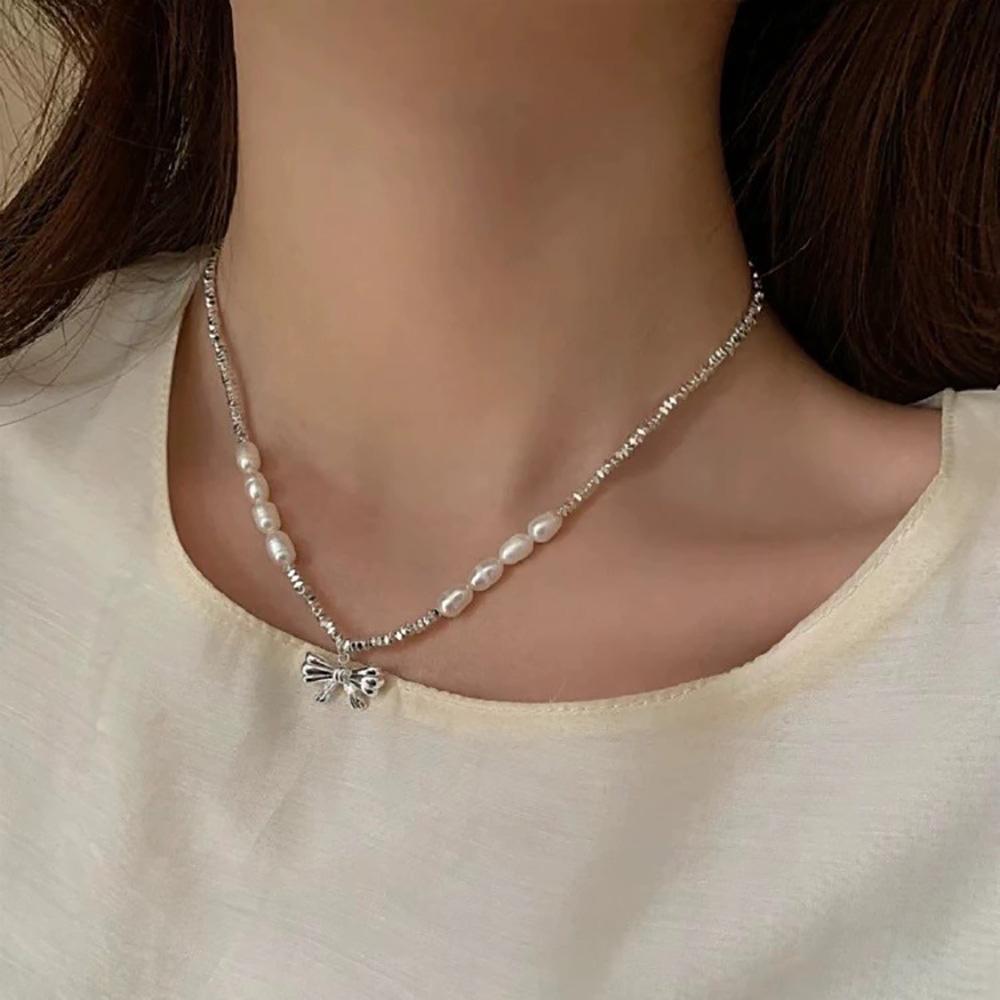 Y2K Elegant Bowknot Pearl Pendant Necklace Sweet Cool Choker Simple Clavicle Chain Adjustable Cute Zircon for Women Girls Gifts
