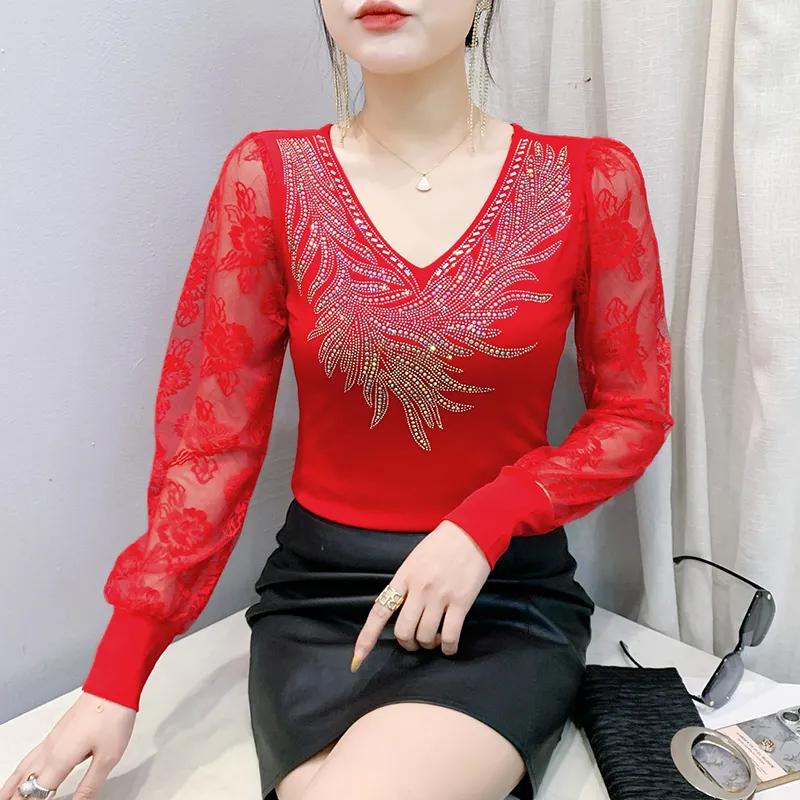 Women's Spring/Fall Custom-Fit Slimming Base Layer Top with Lace V-Neck Mesh Long Sleeves