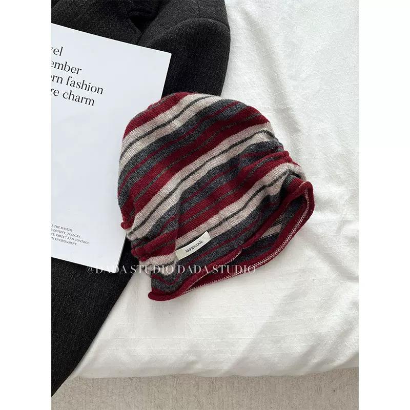 Color Striped Wool Knitted Pullover Heap Hat Female Atmosphere Soft Waxy Bag Head Show Face Small Hat Warm Cold Hat Man