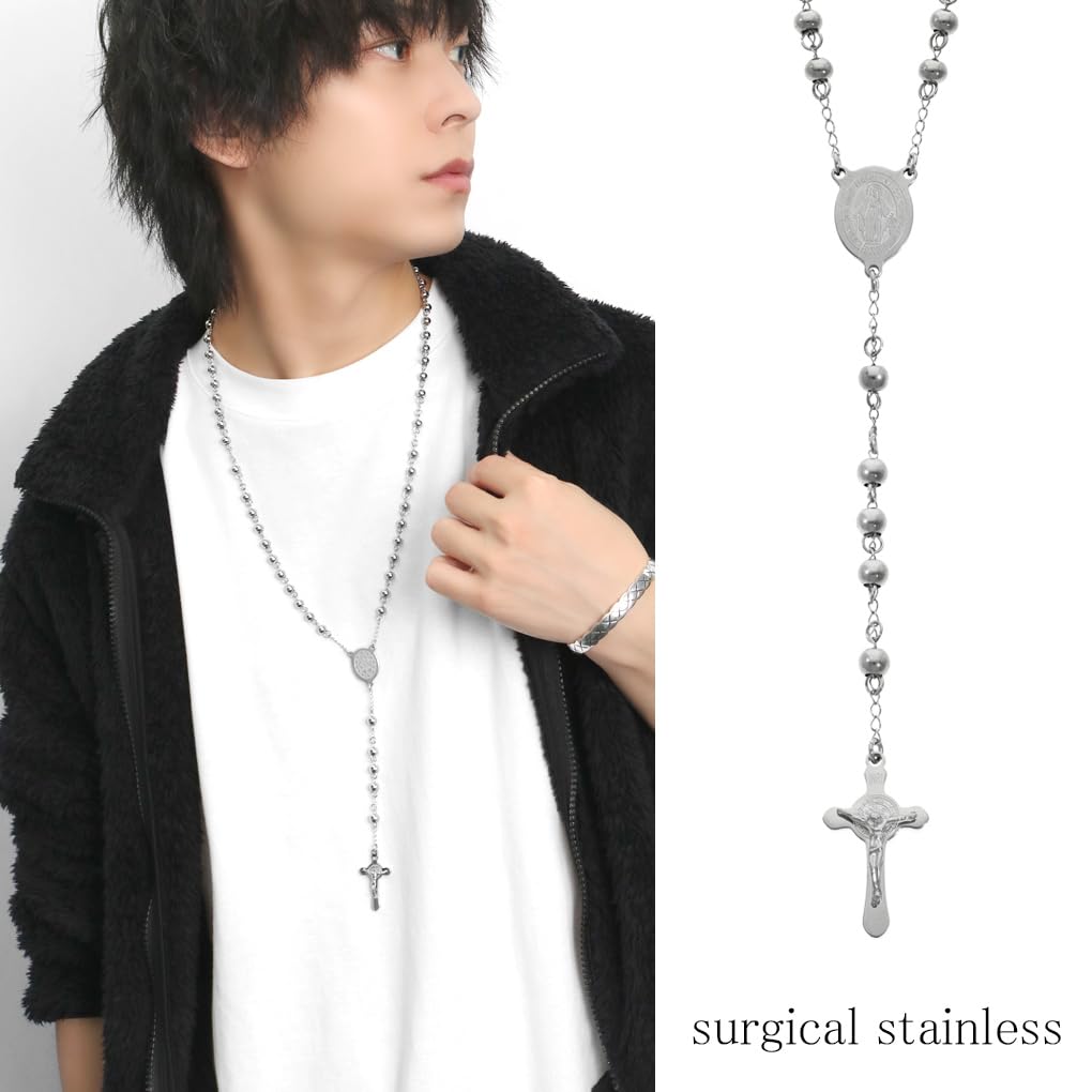 [Shinjuku Gin no Kura] Stainless Steel Rosary Necklace Pendant, Surgical Stainless Steel, Hypoallergenic, Christ, Virgin Mary, Cross