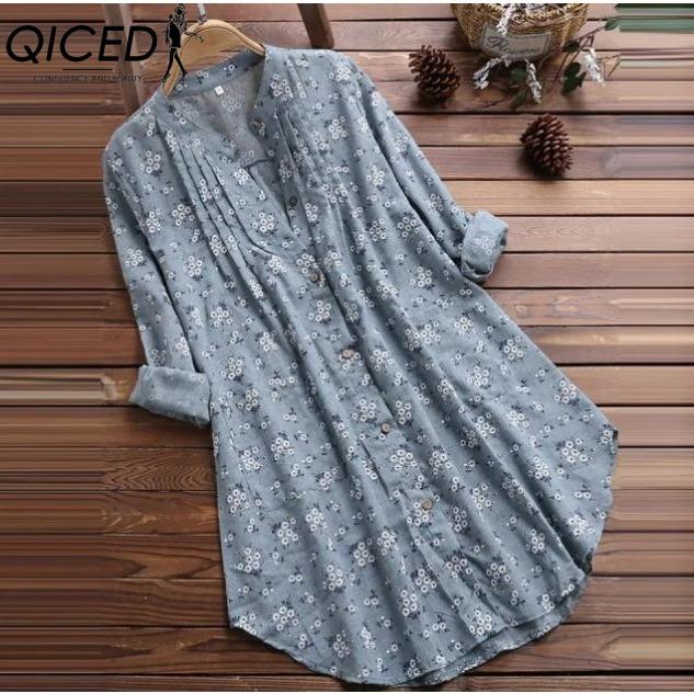 QICED Autumn Women's Shirt V-neck Pleated Floral Print Long-sleeved Casual Top Shirt