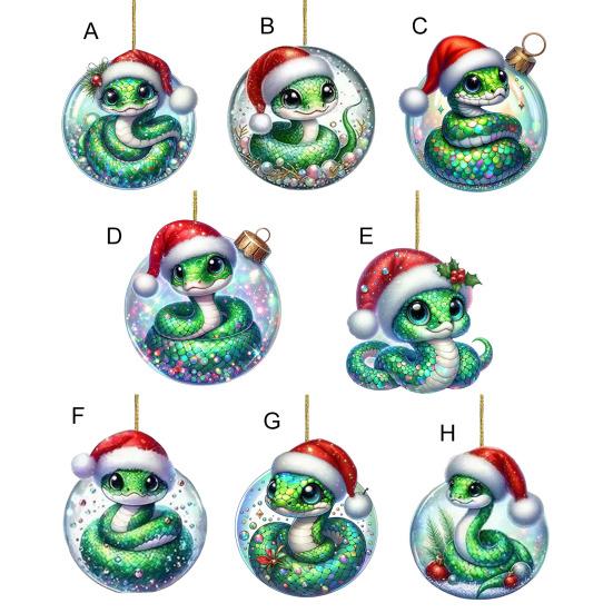 Hadí vánoční ozdoba Plochá 2D akrylová kreslená hadí přívěsek Slavnostní had se Santa čepicí