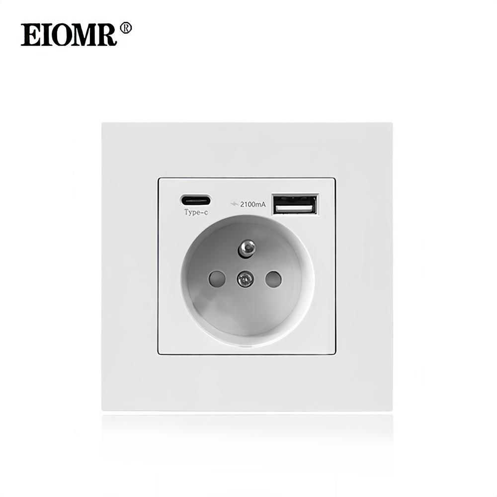 EIOMR France Standard Power Socket, Single Double AC 100~250V 16A White Black Wall Type-C Usb Plugs Outlet for Home Office