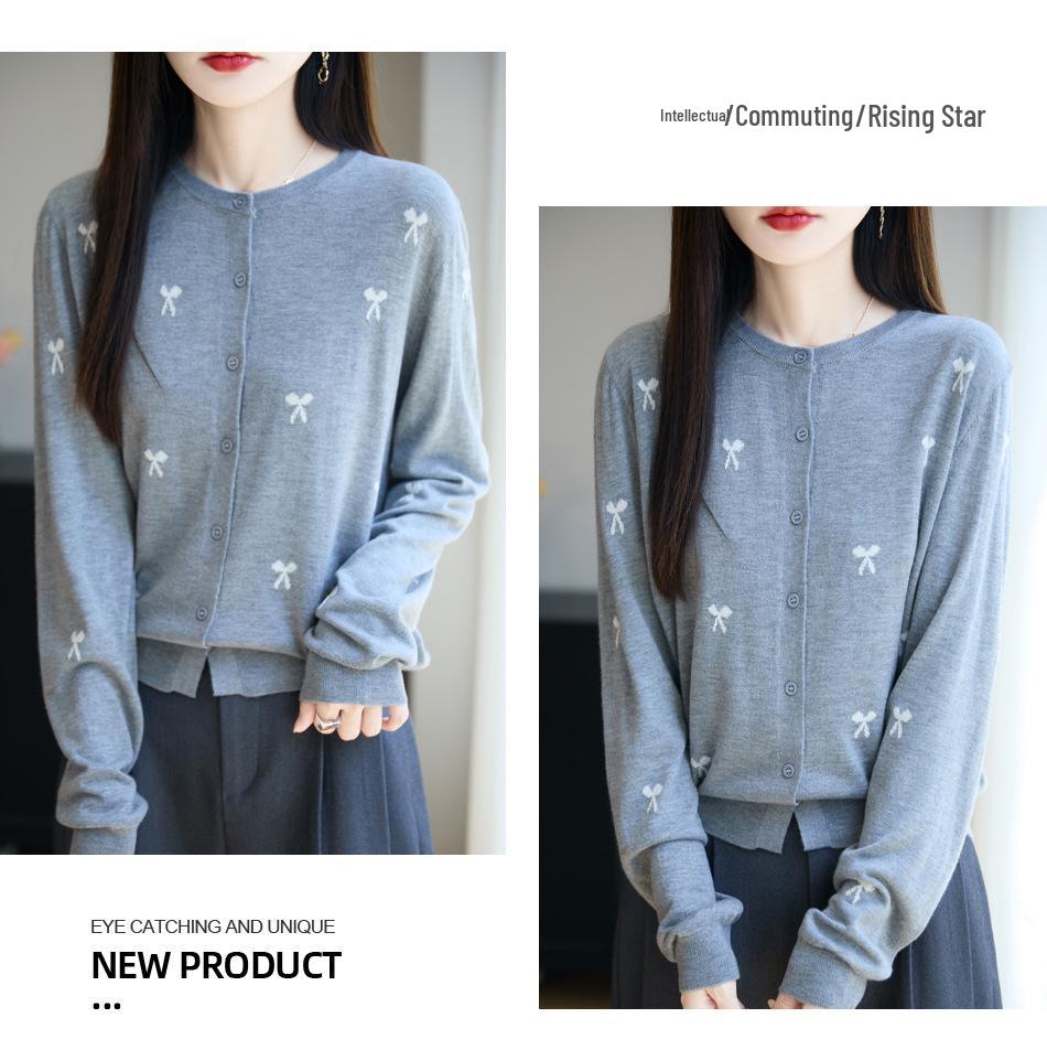 Women's Bow-Accent Wool Cardigan, Autumn/Winter Heathered Knitwear with Color Block Design and Gentle Style.