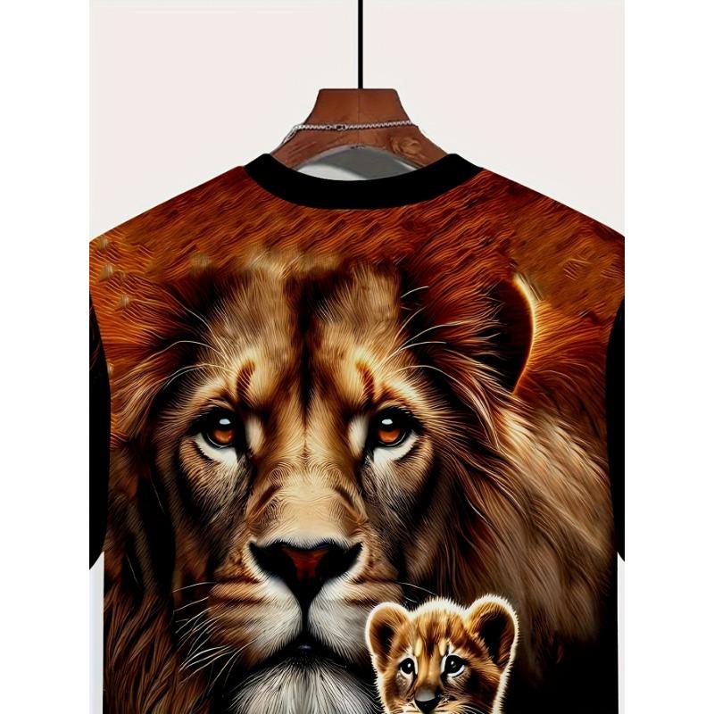 Men's Lion and Cub 3D Printed T-Shirt Casual Short Sleeve Crewneck Top Cool Animal King Family Graphic Tee Trendy Hip Hop Style Streetwear Fashion