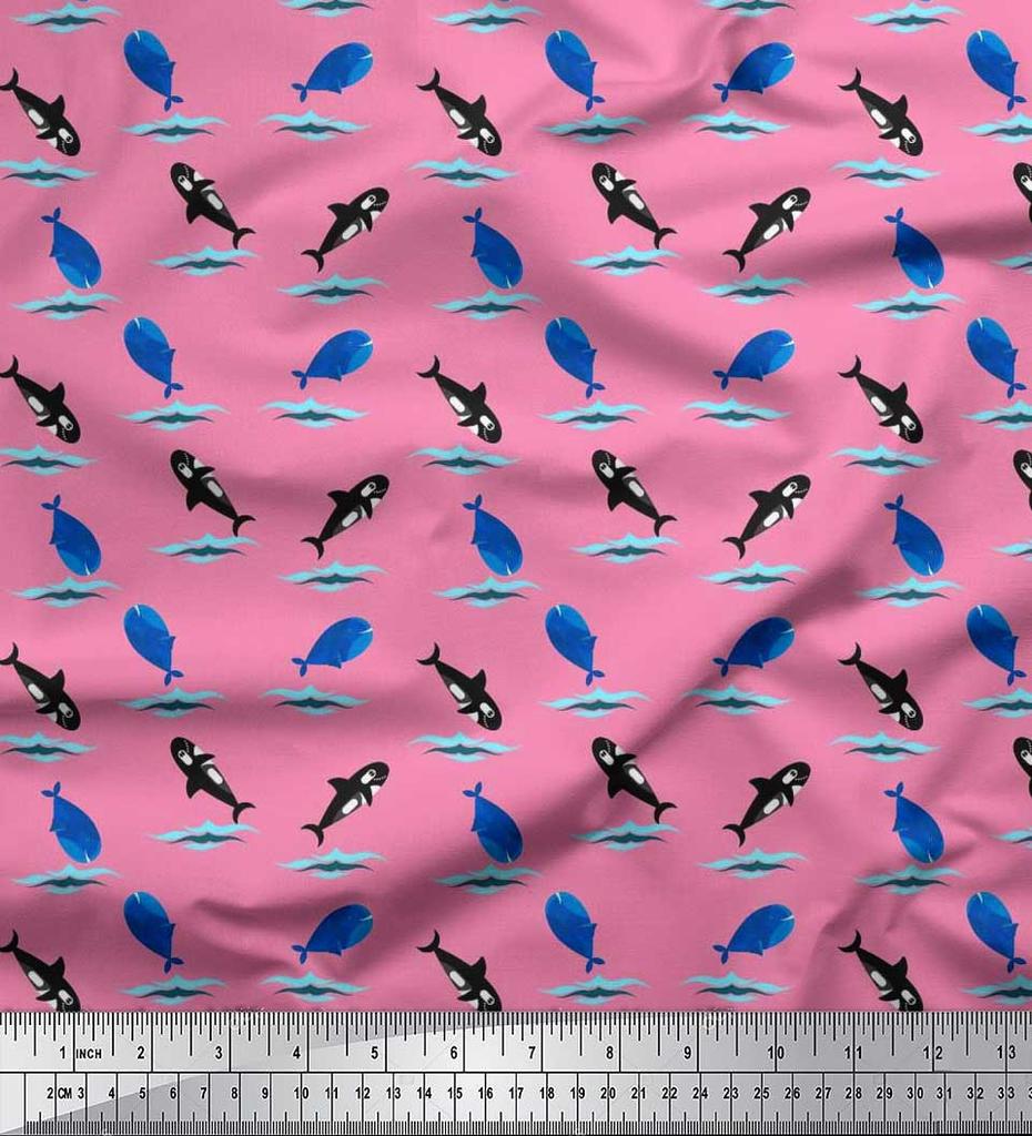 Soimoi Japan Crepe Satin Fabric Waves,Whale & Dolphin Ocean Decor Fabric Printed metre 42 Inch