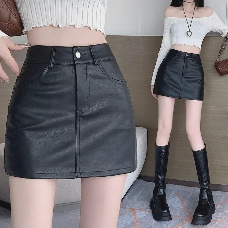 Black A-Line Leather Mini Skirt - High Waist, Slim Fit, Petite, Autumn Wear for Women