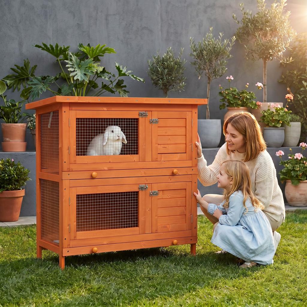 Two-Story Rabbit Cage, Outdoor Hutch Made of Fir Wood, 90x45x90 Cm, Wood and Green