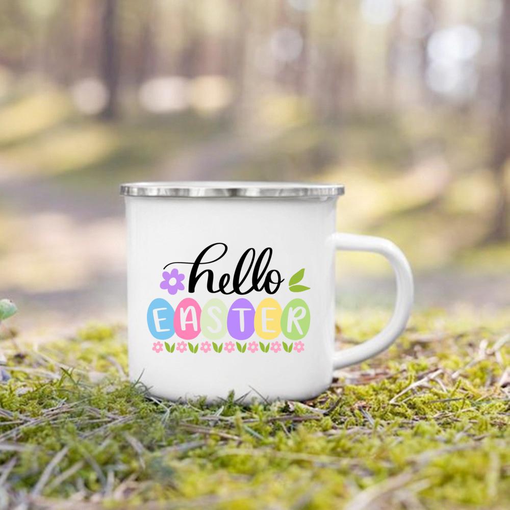 Cute Bunny Egg Print Cups Happy Easter Enamel Mugs Fall Easter Party Wine Juice Mug Dessert Cocoa Milk Handle Cup Gift for Child