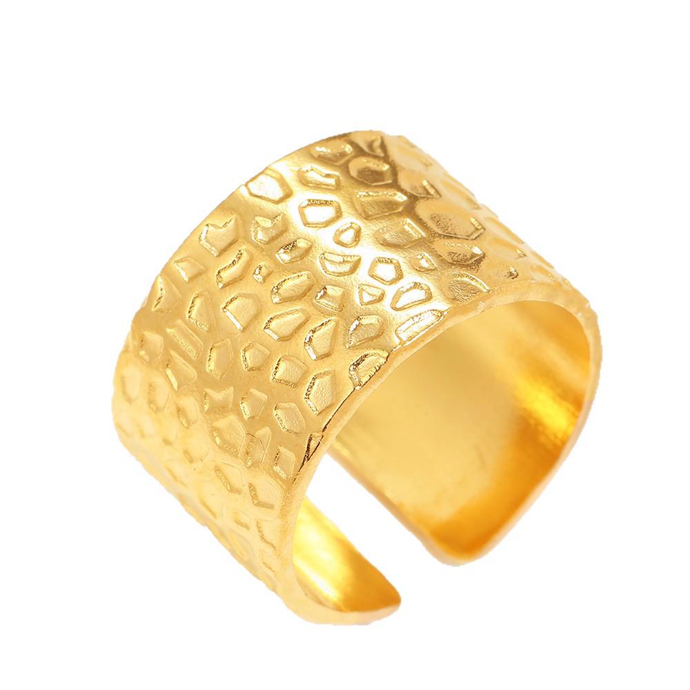 Wide Band Adjustable Stainless Steel Ring, Vintage 18k Gold Geometric Design for Women