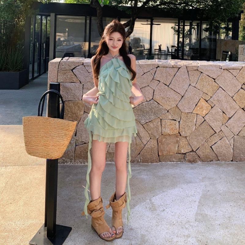 Pure desire green neck ruffle leaf edge dress women's summer new niche design feeling waist and thin fairy short skirt
