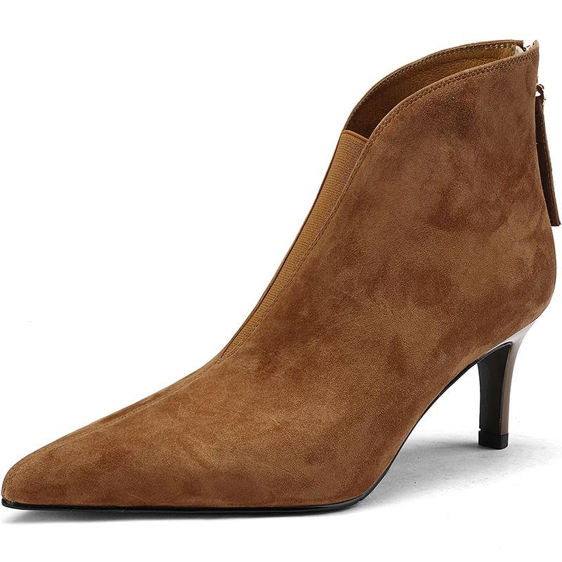 Fashion FHANCHU Nubuck Flock Ankle Boots,Women High Heels Booties,Fall/Winter Shoes,Pointed Toe Botas,Deep V Shape,Black,Brown,Dropship