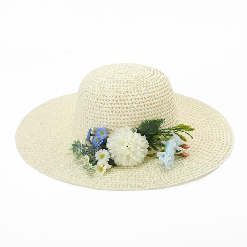 Bucket hat flat edge straw hat women's vacation visor flower top hat sun hat