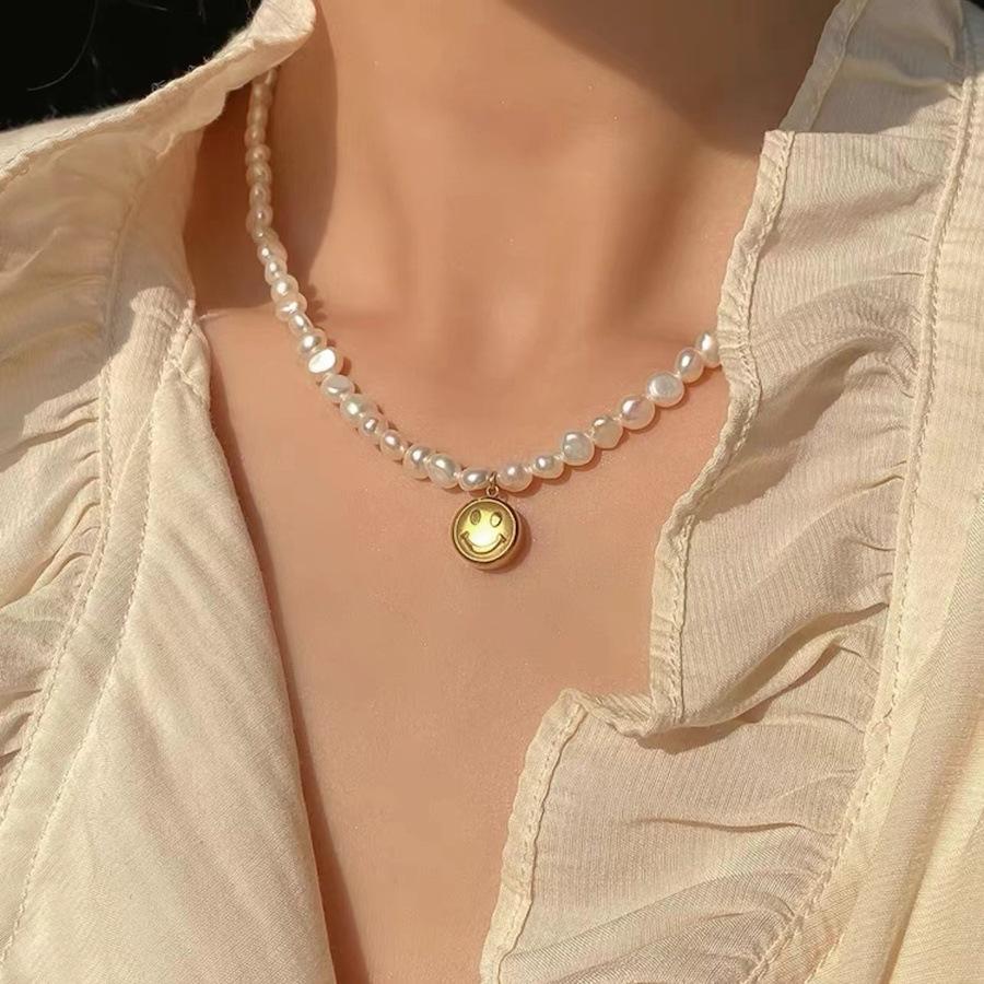 Baroque Freshwater Pearl Necklace Cute Smiley Face Pendant Collarbone Chain Temperament Titanium Steel Neck Chain Women