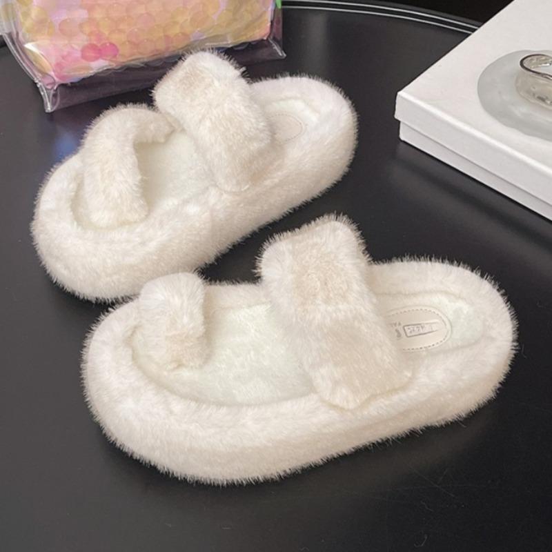 Dámské ploché pantofle na platformě, chlupaté pantofle, designové boty s klipem na prsty, zimní móda 2025, žabky, ležérní, pohodlné domácí pantofle, Zapatillas De Mujer