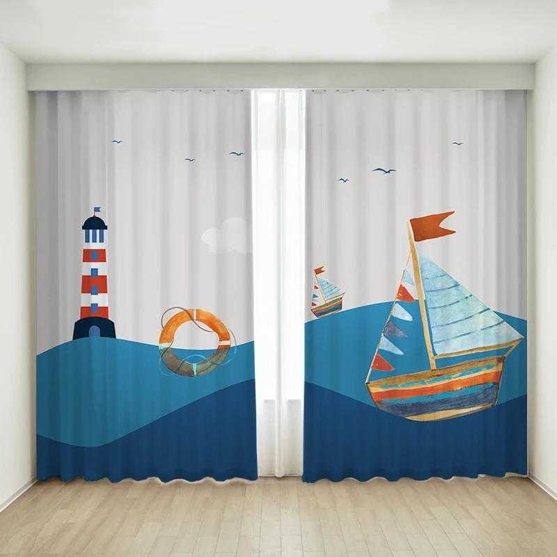 Fashion Modern Simple Cartoon Sailboat Ocean Boy Children's Bedroom Thin Curtain 2 Pieces Grommet Top Hook High Shading New