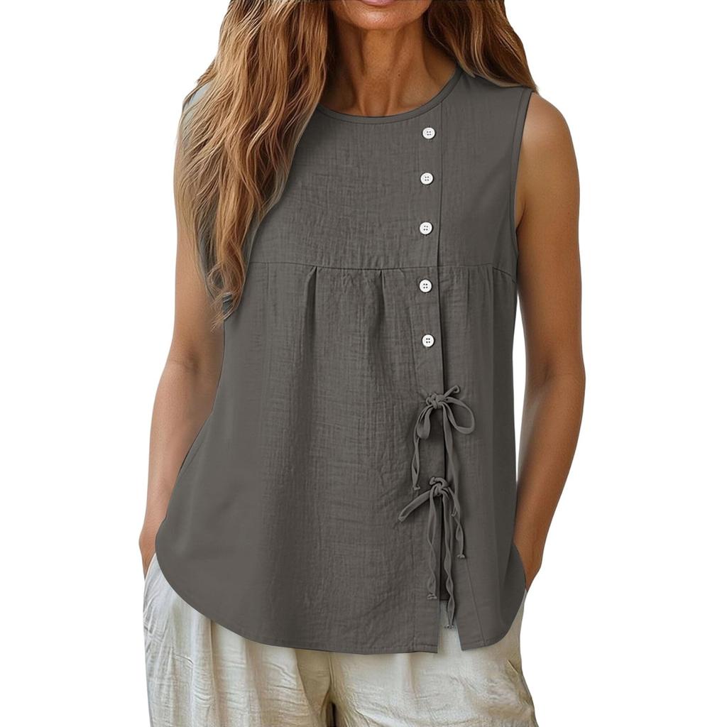 Women Loose Sleeveless Blouses Casual Tie Side Linen Tank Tops