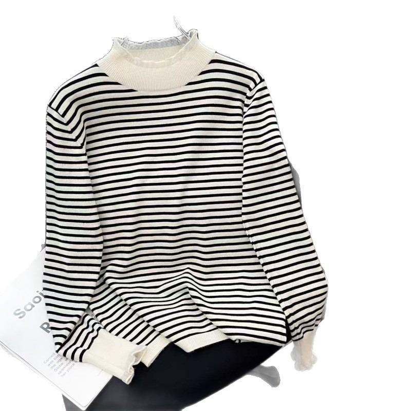 Semi-turtleneck lace knitted sweater autumn and winter new women's clothing pullover long-sleeved splicing striped slim-fit sweater top