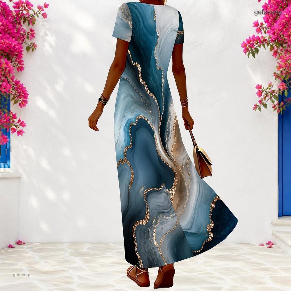 Women Plus Size V Neck Short Sleeve Light Blue Printed Maxi Dress