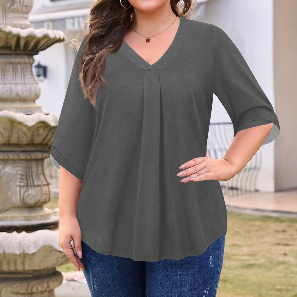 Women's Fashion Large Size Solid Color V-Neck Three-quarter Sleeve Top