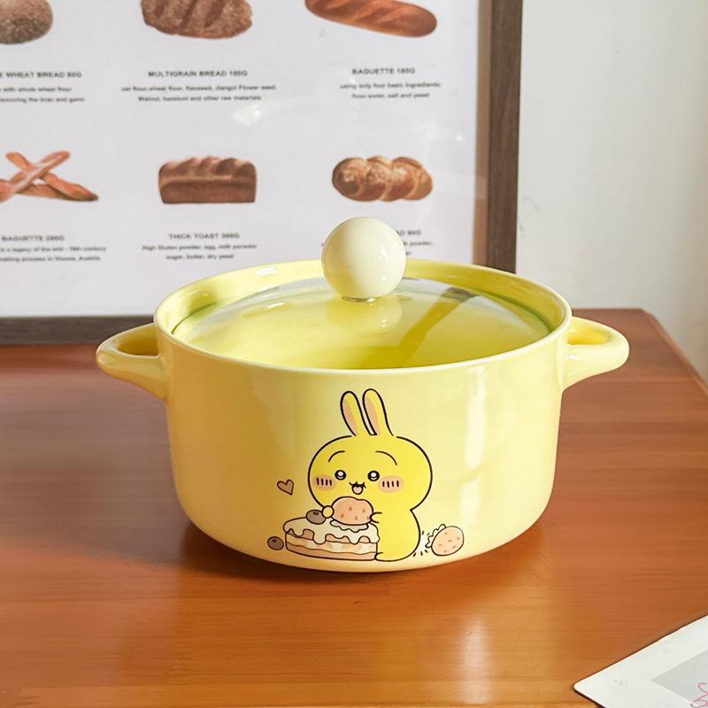 High-value Cute Tableware Ceramic Instant Noodle Bowl with Lid Children's Rice Bowl Student Dormitory Instant Noodle Bowl Binaural Soup Bowl