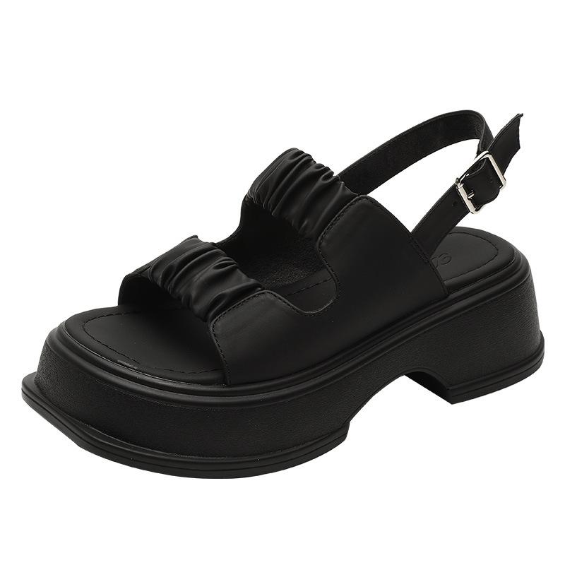 Thick-soled Word with Roman Sandals Women's Summer Casual Versatile Soft-soled Open-toed Thick Heel Black Outerwear Muffin Shoes