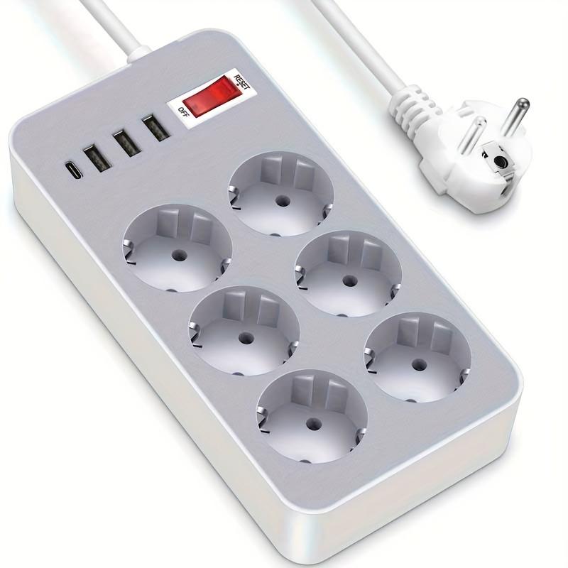 EU Plug Power Strip with 6  AC Outlets 4 USB Ports 1 Type-C Wall Mount Flat Plug, Multitap Extension Cord Electrical Socket