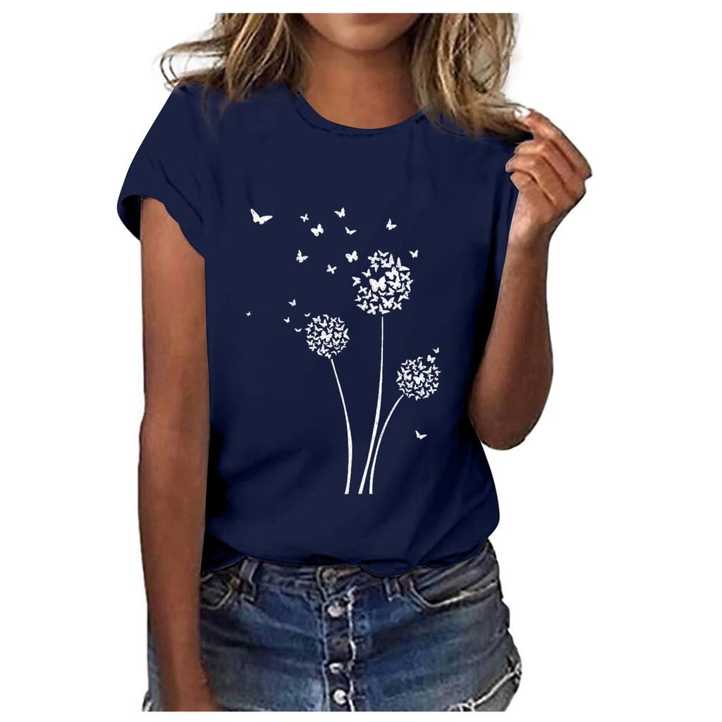 Women Fashion Casual Tops Printed Short Sleeve Shirts Round Neck Pullover T Shirts