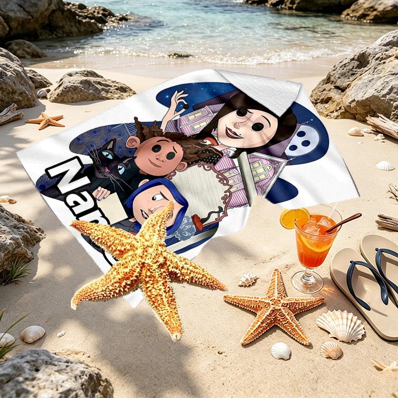 Custom Name Personalized Coraline Print Beach Towel, for Trip Camping Beach Party Home Decor, Birthday Gift for Family & Friends
