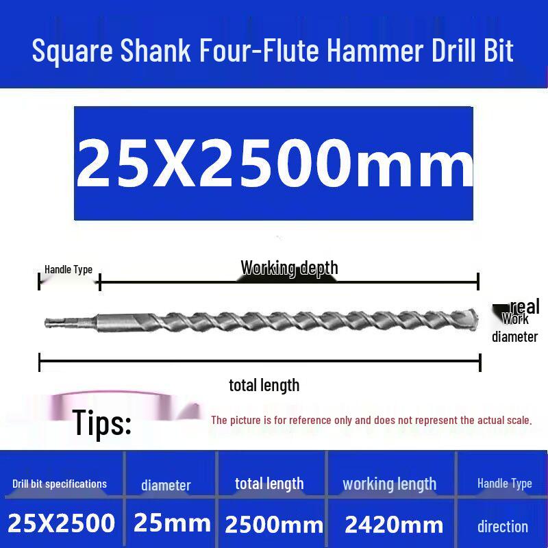 Extended Electric Hammer Drill Bit, Square & Round Shank, for Concrete Piercing - Available in 500mm to 2m Lengths
