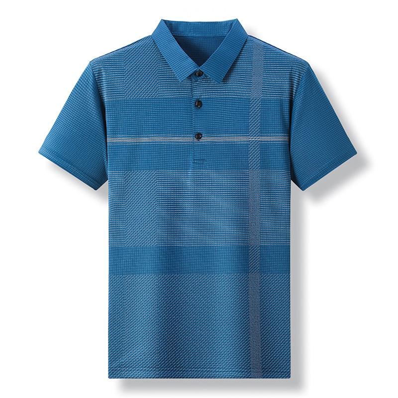 Men'S High Elastic Short Sleeve T-Shirt Thin Loose Dad Stripe Printed Polo Shirt Top