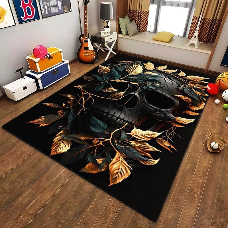 "Dark Skull with Golden Leaves Design Carpet for Home Decor" Suitable for use as an anti-slip for living room bedroom sofas