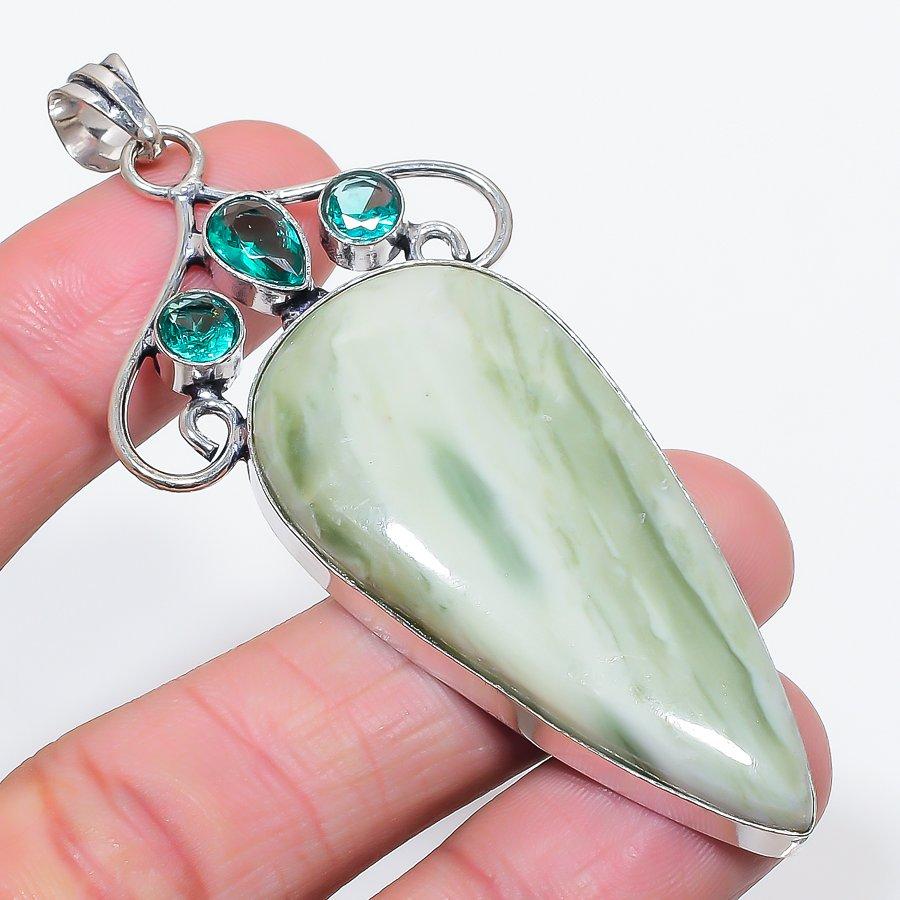 

Natural Swiss Green Opal, Tsavorite 925 Sterling Silver Pendant 3.27 F5Y30