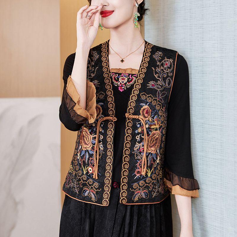 2024 Retro Etnisk Kinesisk Stil Brodert Reversibel V-hals Vest for Kvinner