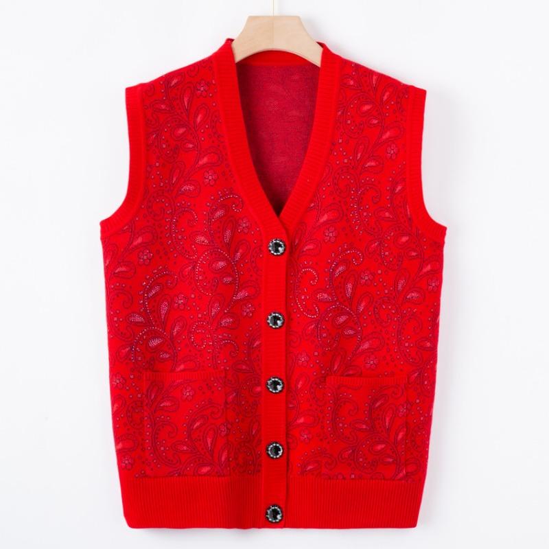 Middle-aged Elderly Knitted Sweater Vest Female Age 0 Mother Wear Autumn Sweater Vest Grandma New Warm Cardigan