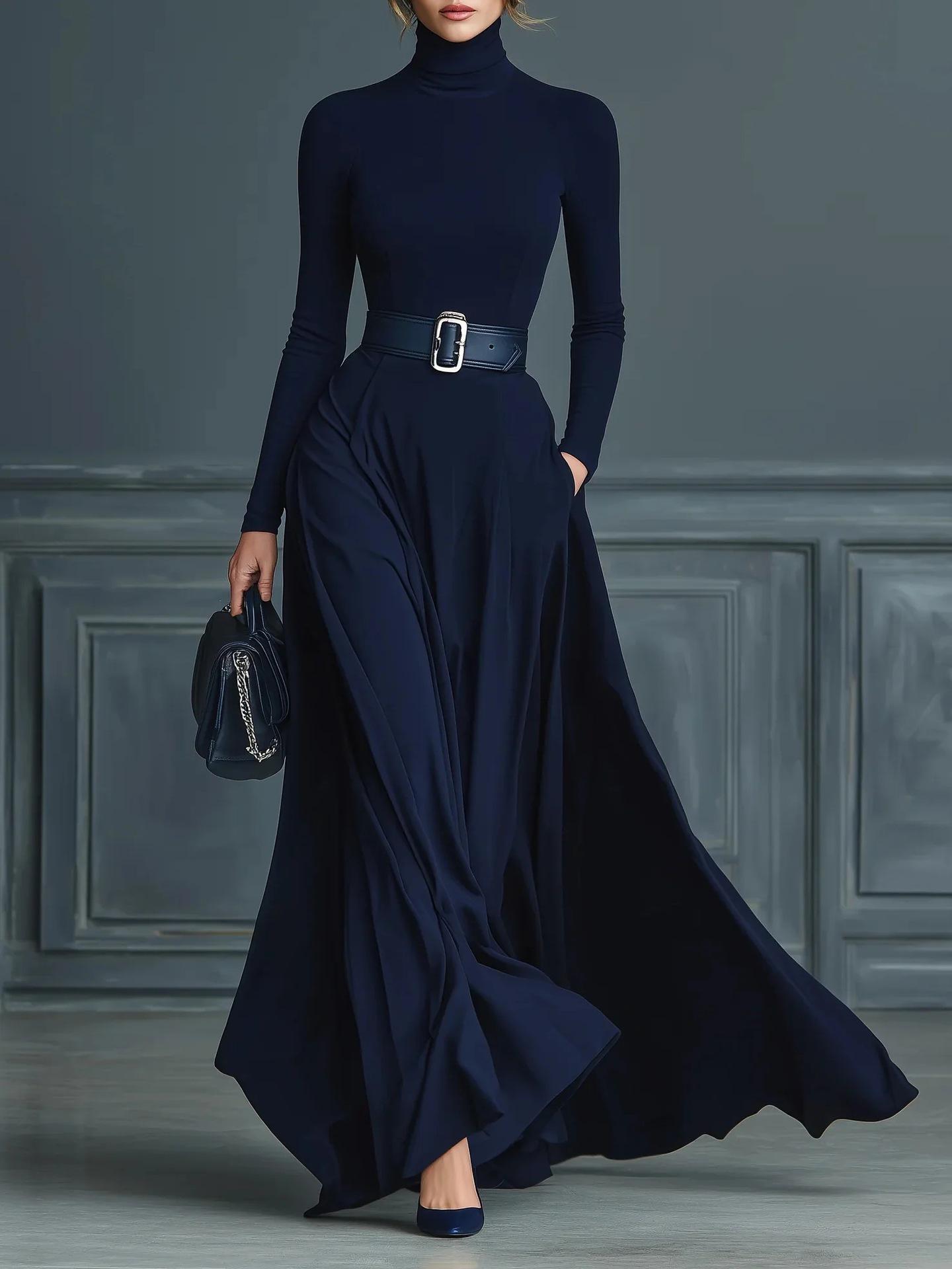 

European & American Women s Solid Color High Collar Long Dress - Autumn/Winter Collection, 2025 Edition XXL темно-синий