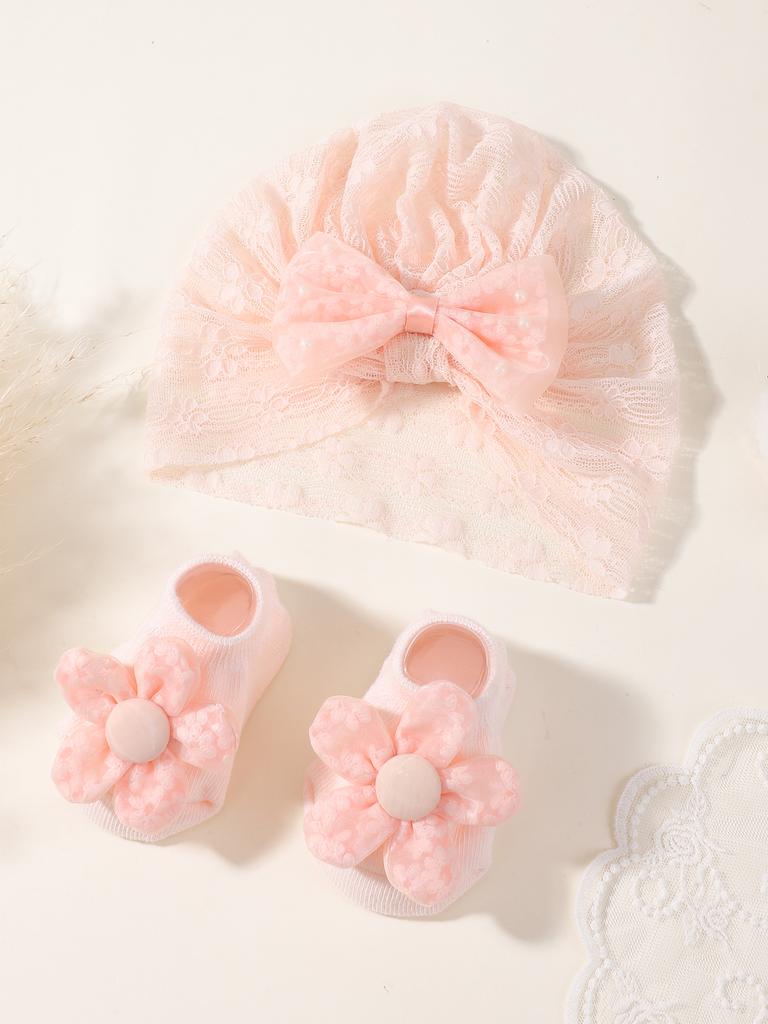 2 Stück Baby Schleife Mütze Socken Set Kleinkind Jungen Mädchen Spitze Druck Schleife Elastische Mütze Turban Einfarbig Weiche Socke Kinder Accessoires