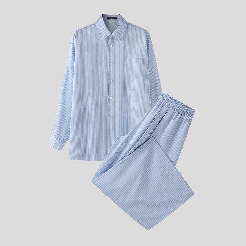 INCERUN Two Pieces Men Lapel Neck Long Sleeve Striped Shirt Long Wide Leg Pants Sets Outfits