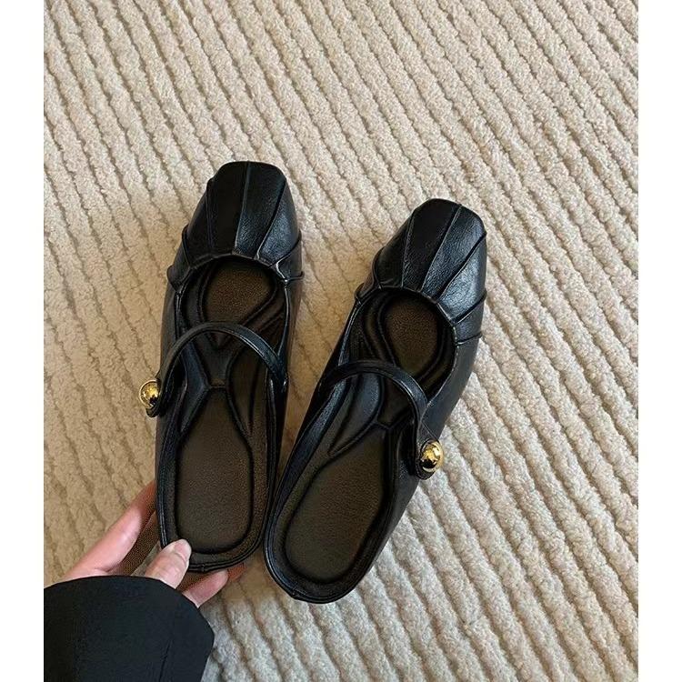Französische Taschenkopf Halbschuhe Damen Ein-Knopf Dicke Ferse Sandalen Damen Oberbekleidung Eckiger Kopf Mary Jane Sandalen Mittelhoher Absatz Mules