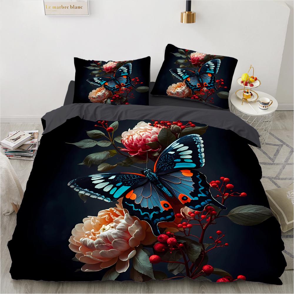 Padrão colorido retrô de borboleta com impressão 3D (conjunto de três peças) conjunto de cama de casal queen size fronha edredom