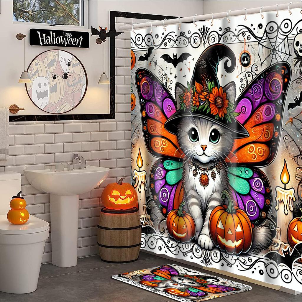 Hallowmas Bat Butterfly Spider Web Bathing Curtain Bathroom Shower Curtain Waterproof With 12 Hooks Fishes Home Deco Free Ship