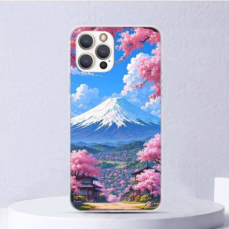 Japanese Cherry Mount Fuji Soft Case For iPhone 16 17 Air 16E 15 Plus 11 12 13 Mini 14 Pro Max Phone Cover Apple 7 8 SE Coque Fu