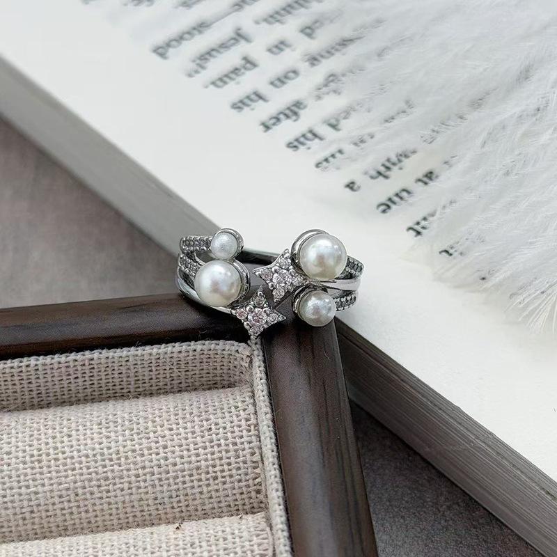 French Light Luxury Sweet Cool Wind Full Of Diamonds Open Ring Female Bead High Sense Fashion Hong Kong Style Niche Stacking Wearing Index Finger Ring