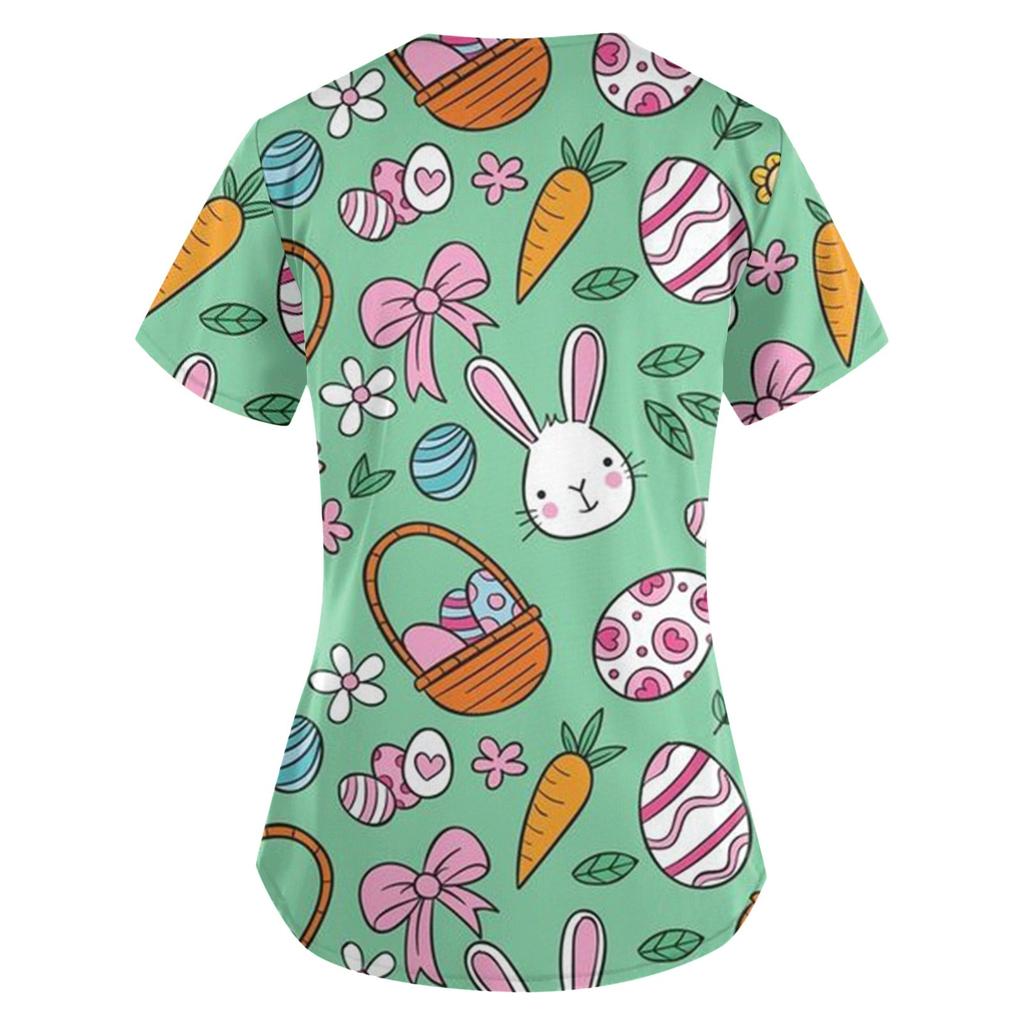 Dámská pracovní kapesní halenka s krátkým rukávem a výstřihem do V s etnickým potiskem